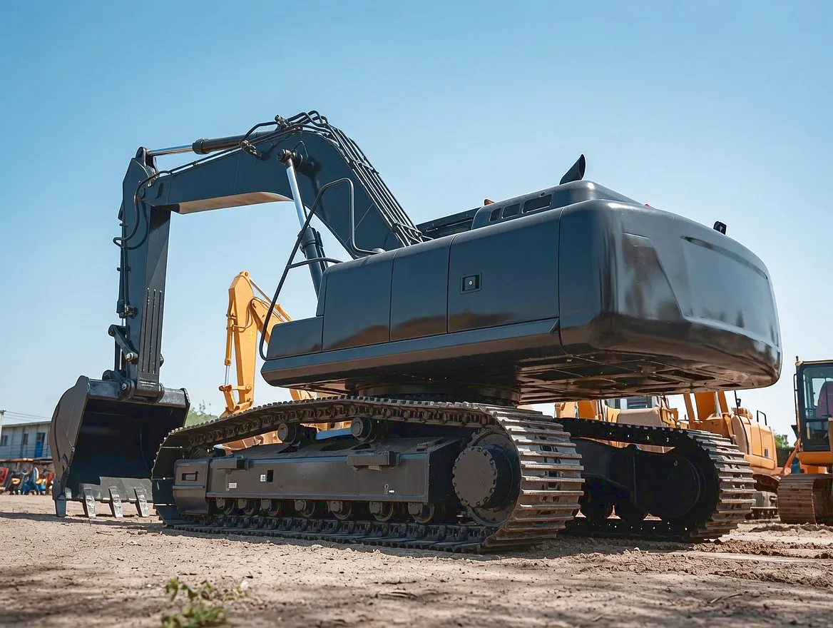 Excavator working on UK construction site with leaf chain assembly