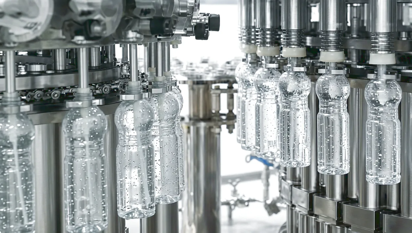 Leaf chain conveying aluminium cans on filling production line